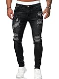 Osheoiso Vaqueros Rasgados de Hombre Skinny Denim Jeans Vintage Pantalone con Cremallera Moda Casuales Elasticos Agujero Pantalón Largo Vaqueros Ajustados A Negro L