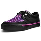 T.U.K. Vegan Creeper Sneaker - Zapatos Hombre y Mujer - Color Black Canvas & Pink Leopard Print - Zapatos con Cordones Estilo Puck, Gótico y Rockero - Talla EU43