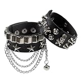 Fenglin-joy Punk Pulsera,2Pcs Pulseras de Punk de Cuero,Rock Brazalete Set, Negro pulseras de piel sintética punk para Hombres Mujeres Tamaño Ajustable