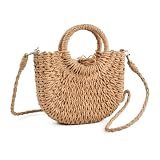 Bolso de Rafia para Mujer Estilo Boho, Bolso de Paja Tejido a Mano con Asa Superior y Correa Desmontable, Bolso de Mano Redondo para Playa, Vacaciones de Verano y Fiestas, Elegante y Ligero (Marrón)