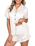 Yuson Girl Pijama de Dos Piezas para Mujer Satinado Pijama de Verano de Manga Corta Ropa de Dormir con Cuello en V y Pantalón Corto Elástico Elegante y Cómoda Ropa de Descanso(Blanco, M)