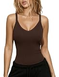 Aottori Camiseta Tirantes Mujer Cuello en V Tirantes Finos Canalé Marrón S
