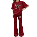Chándal para niñas con estampado de lazo, camiseta y pantalones acampanados, 2 piezas, para adolescentes, Y2K, ropa deportiva, ropa escolar, rosso, 11-12 años