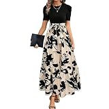 XFSRG Vestido Mujer Florales de Manga Corta Cuello Redondo Elegante Verano Volante Dobladillo A Línea Largos Vestidos para Casual Noche Fiesta(Beige/XL)