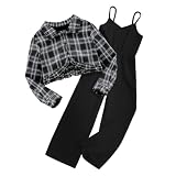 Asbabiy Conjunto de 2 piezas para niñas de otoño a cuadros, manga larga, con botones, camiseta corta y pantalones de camisola de 7 a 13 años, Negro, 10-11 años