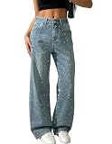 Vaqueros Holgados de Cintura Alta con Lentejuelas Brillantes y Diamantes de imitación para Mujer con Bolsillos Estilo Vintage Urbano con Perla y Cintura Alta (Azul Claro,M)