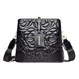 MOANATURA Bolso de Mujer Elegante Negro PU con Bordado en Relieve de Flores – Bolso de Hombro y Bandolera Ajustable – Bolso Premium para Mujer Chic y Sofisticada