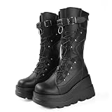 Gothniero Botas góticas de plataforma negra para mujer, hasta la rodilla, tacón grueso, botas góticas para mujer, botas negras de combate para motocicleta, puntera redonda, con cremallera, 3UK-8UK