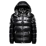 Earnmore Chaquetas de plumón para hombre, color sólido, para invierno, nieve, con capucha, cremallera, metal, brillante, cortavientos, parka, Negro, XL