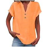 Camisa Mujer Lino Algodón Manga Corta Camiseta Blusa Polo Ligero Verano Moda Casual Color Sólido Cómodo Suelto Cuello en V Botones Tops Elegante Basic tee Talla Grande Transpirable 2025