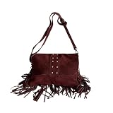 Bolso bandolera con flecos y tachuelas de ante italiano. Correa ajustable e intercambiable. Cierre de cremallera. Interior forrado con bolsillo incorporado. (Burdeos)