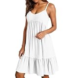 Vestido sin mangas para mujer de verano sexy, tirantes de espagueti, cuello en V, mini vestido con volantes, informal de un solo color, muselina, línea A, mangas cortas