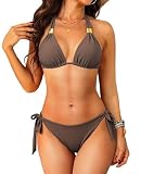 Rayson Bikinis de Triangular para Mujer Elegante Halter Traje de Baño Bikini Talla Grande Bañadores Mujer Dos Piezas Braga con Lazos Laterales(Marrón, S)