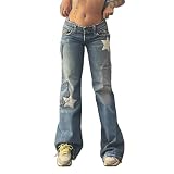 Pantalones de cintura baja Y2K para mujer con estampado gráfico de estrellas, de pierna ancha, jeans de mezclilla rectos, informales, holgados, estilo vintage E-Girl, azul, S