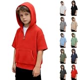 Camiseta de manga corta con capucha para niños con media cremallera, bolsillo de punto de gofre, suéter de punto para el tiempo libre, sudadera con capucha para niños y niñas, verano, ropa de calle