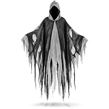 Capa Fantasma Halloween Adulto con Capucha, Disfraz Terrorífico para Hombre y Mujer, Capa Negra y Gris con Efecto Rasgado, Disfraz de Fantasma para Fiesta Halloween, Carnaval, Fiesta Temática