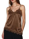 Cicy Bell Camiseta de Tirantes de satén y Encaje para Mujer con Cuello de Pico, Marrón, M