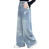 Rolanko Vaqueros Baggy para Niñas, Cintura Alta Elástica Pierna Ancha Pantalones de Denim Loose Bootcut para Niños 6-15 Años, Bordado Lazo, 11-12 Años, 160