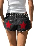 cffdviz Pantalones Cortos Vaqueros De Mezclilla para Mujer Sexys De Tiro Bajo Mini De Verano Desgastados con Estampado De Estrellas Y Tachuelas,Negro,S