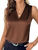 Zeagoo Camiseta Satén Mujer Blusa Seda Sin Mangas Cuello V Tirantes Plisados Marrón XXL