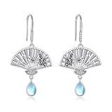 Pendientes de abanico de plata de ley con abanico, diseño de flor de piedra lunar