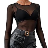 Mujer Camiseta Transparente Sexy Manga Larga, Top Transparente Sexy para Mujer en Malla Negra Elegante: Camisetas Transparentes para Fiestas, Conciertos, Discoteca, Moda y Uso Diario