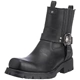 New Rock M.7605-S1 Botines de moto unisex de piel negra genuina, suela de goma natural, estilo motorista, tacón 5 cm, plataforma 2 cm, cierre correa trasera y elástico, colección Motorcycle T.45