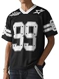 HAWILAND Camiseta de cuello en V para hombre, camiseta de fútbol de gran tamaño, camiseta deportiva de manga corta, ropa urbana de hombre, atuendo hip hop Y2K, NEGRO, L