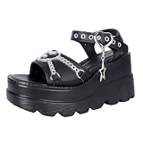 Jemnpela Sandalias Punk Mujer Tachuelas Cadena Araña Calavera Estrella Góticas Tacón Pulsera Trasera Calzado Gótico Cuña Plataforma Hebilla Tacón Grueso Punta Abierta Verano Playa Fiesta