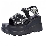 Jemnpela Sandalias Punk Mujer Tachuelas Cadena Araña Calavera Estrella Góticas Tacón Pulsera Trasera Calzado Gótico Cuña Plataforma Hebilla Tacón Grueso Punta Abierta Verano Playa Fiesta