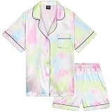 CityComfort Pijama Niña Verano Pijamas Adolescentes Conjunto 2 Piezas Pijama Saten Corto Manga Corta con Botones Ropa de Casa Regalo Niña (9-10 Años, Arco Iris Múltiple)