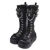 Ulalaza Botines góticos para mujer con plataforma y hebillas de murciélago, tacones gruesos, punta redonda, cremallera, botas de combate punk para motocicleta, cómodos botines góticos cortos