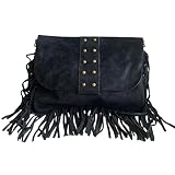 Bolso bandolera con flecos y tachuelas de ante italiano. Correa ajustable e intercambiable. Cierre de cremallera. Interior forrado con bolsillo incorporado. (Negro)