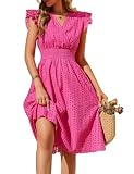 PASUDA Vestidos Verano Mujer Sin Mangas Vestidos Corto Cuello en V Algodón Elegante Dress de Manga con Volantes Cintura Alta Elástica Mini Vestido de Playa Sueltos Casual con Bolsillos (Rosa, S)