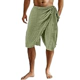 Falda de pareo envolvente de mezcla de lino para hombre, longitud 3/4, ajuste relajado, cintura elástica, con lazo en la cintura, pantalones cortos de harén de playa, pantalones casuales para