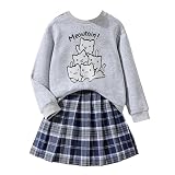 Asbabiy Conjunto de 2 piezas para niñas, sudadera casual y falda a cuadros retro de 7 a 13 años, Gris, 8-9 años
