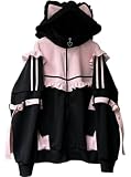 Goolecrimp Moda Mujer Cartoon Harajuku Cute Kawaii Hoodie Estudiante Oversized Cremallera Gothic Hoodie Vintage Sudadera con capucha Streetwear (Pink,L)