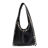 Introti Bolso de hombro de piel sintética con tachuelas de color sólido, con tachuelas de metal, bolsa de mano moderna con remaches para viajes, citas, trabajo, compras, Black, Talla única