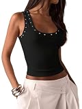 NONDK Top de Tirantes de Punto Acanalado con Tachuelas para Mujeres, Escote Cuadrado, Sin Mangas, Ajustado, Estilo Y2K, Crop Tops para Salir Negro S