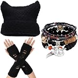 Therian Gear Y2K Ropa Grunge Clothing – Gorro EMO, Mitones, Cinco Pulseras Fairycore, Negro, Talla única