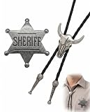 KACZUS Conjunto de 2 piezas de estrella de sheriff y collar de vaquero para hombres y mujeres, accesorios de disfraz de vaquero para carnaval, fiestas temáticas del Lejano Oeste en plata.