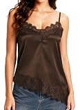 HAWILAND Top de encaje de satén para mujer, elegante, sin mangas, cuello en V, tirantes espagueti, marrón, S
