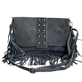 Bolso bandolera con flecos y tachuelas de ante italiano. Correa ajustable e intercambiable. Cierre de cremallera. Interior forrado con bolsillo incorporado. (Gris oscuro)