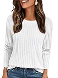 AirMood Camisetas con Costillas Elegantes Casuales de Manga Larga para Mujer, Cuello Redondo, holgadas, Blanco, M