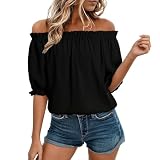 CGGMVCG Blusa de hombro descubierto para mujer, con ribete de volantes, manga media, casual, ajuste holgado, estilo bardot, túnica de moda para verano, blusas lisas, Negro, XL