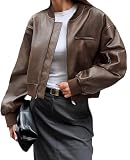 Cicy Bell Womens Faux Leather Bomber Jackets Baseball Collar Zip Up Cropped Biker Coat with Pockets