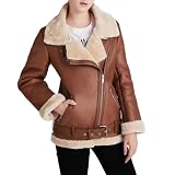 M&Catree Chaqueta Mujer de Ante Sintético, Cazadora Moto Biker con Forro de Borreguito, Abrigo Invierno Aviador Bomber con Pelo Sintético - Marrón # Piel sintética, XS