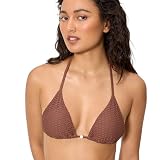 YSABEL MORA. Top Bikini Triángulo Tejido Calado Marrón Copa B. Top De Bikini Triangular Sin Aro con Relleno Extraíble Anudado Al Cuello Y La Espalda .Colección Sand