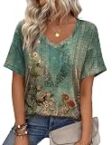 Zeagoo Camiseta Mujer Verano Manga Corta Cuello en V Blusas Elástico Ligero Camisetas Casuales Top Verde Flores M