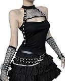 YINGWIN Mujer Crop Top Fishnet Malla Calado Cuello Halter Top Ropa Gótica Mujer, Negro , L